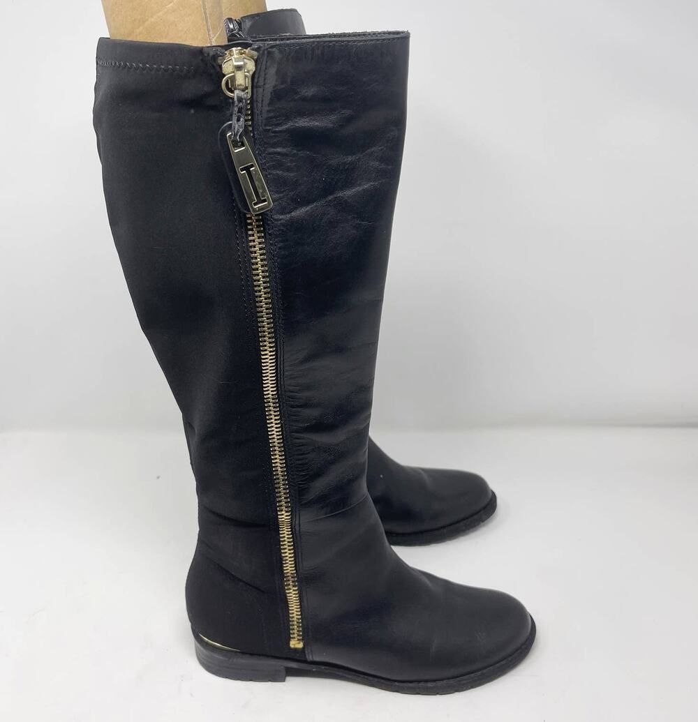 Issac Mizrahi Womens 6 Black Arno Leather Tall Boots Gold Exposed Zipper Flat